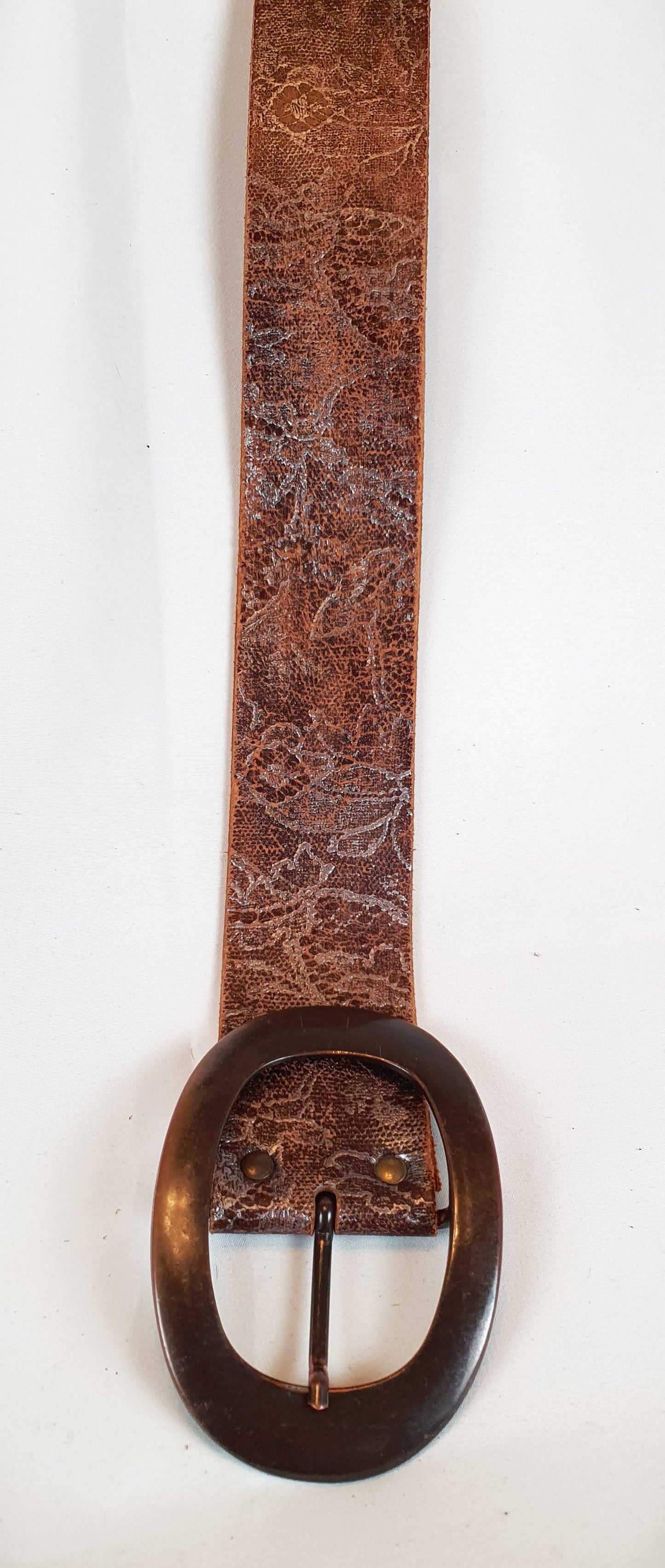 Vintage Style Brown Leather Belt with an embossed Floral Pattern