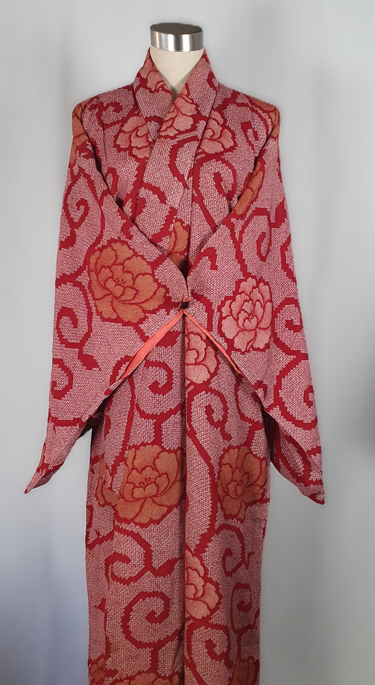 Vintage Hand-Dyed Silk Shibori Haori – Peony & Karakusa Vine