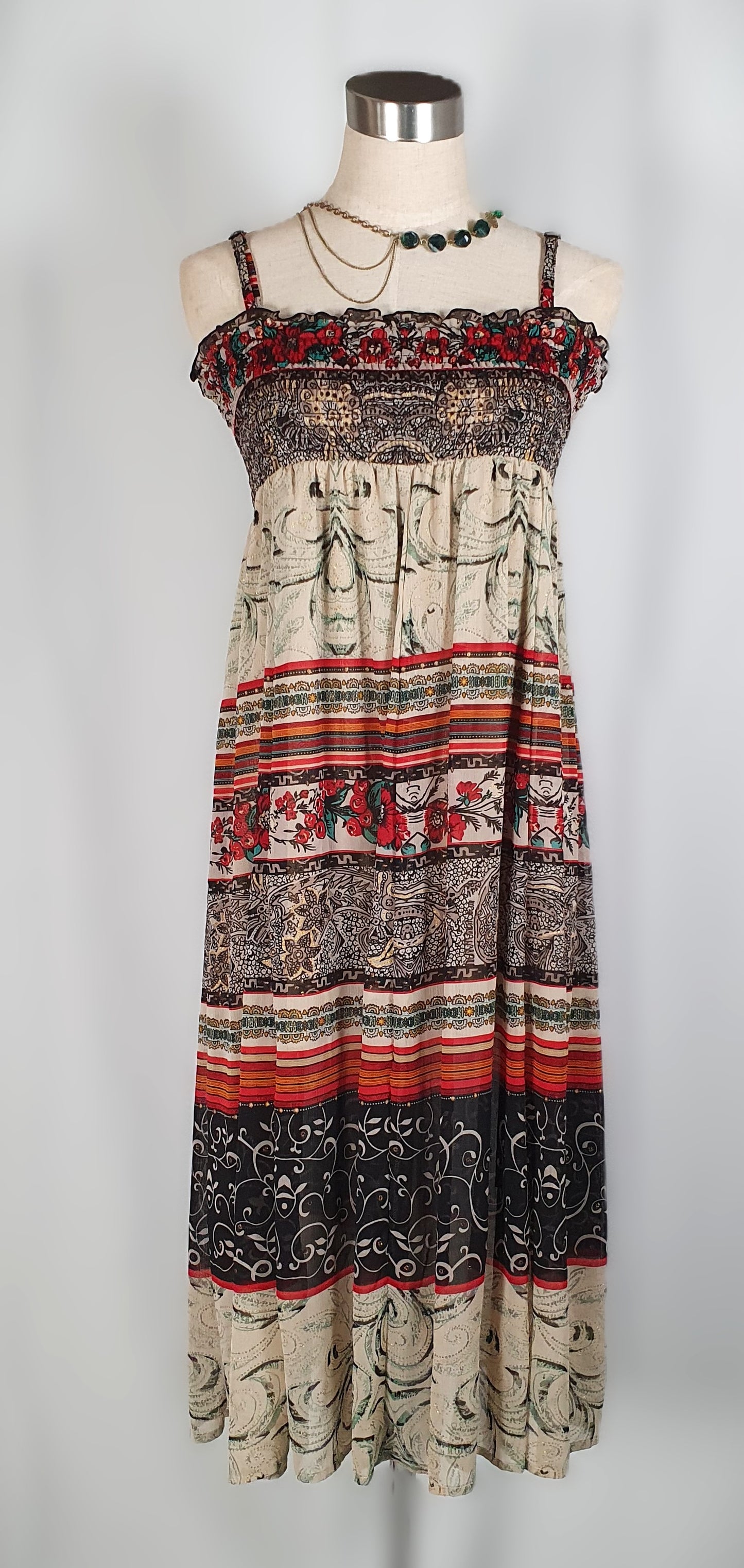 Vintage-Style Bohemian Smocked Maxi Dress