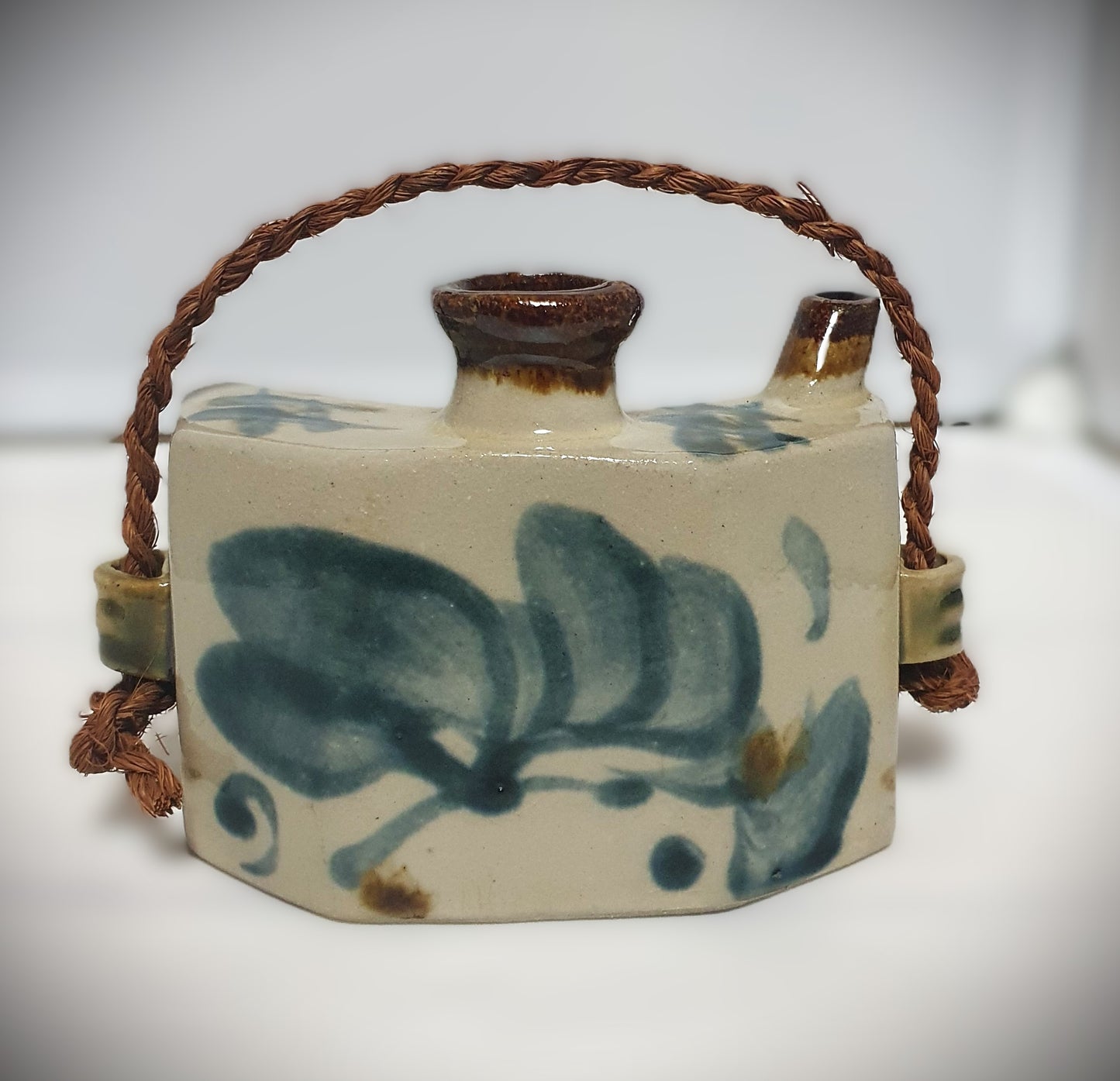 Vintage Japanese Tsuboya ware Dachibin Hip Flask  Okinawa Pottery (Yachimun) Ceramic Sake Bottle