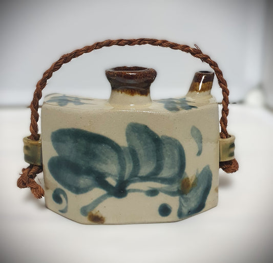 Vintage Japanese Tsuboya ware Dachibin Hip Flask  Okinawa Pottery (Yachimun) Ceramic Sake Bottle