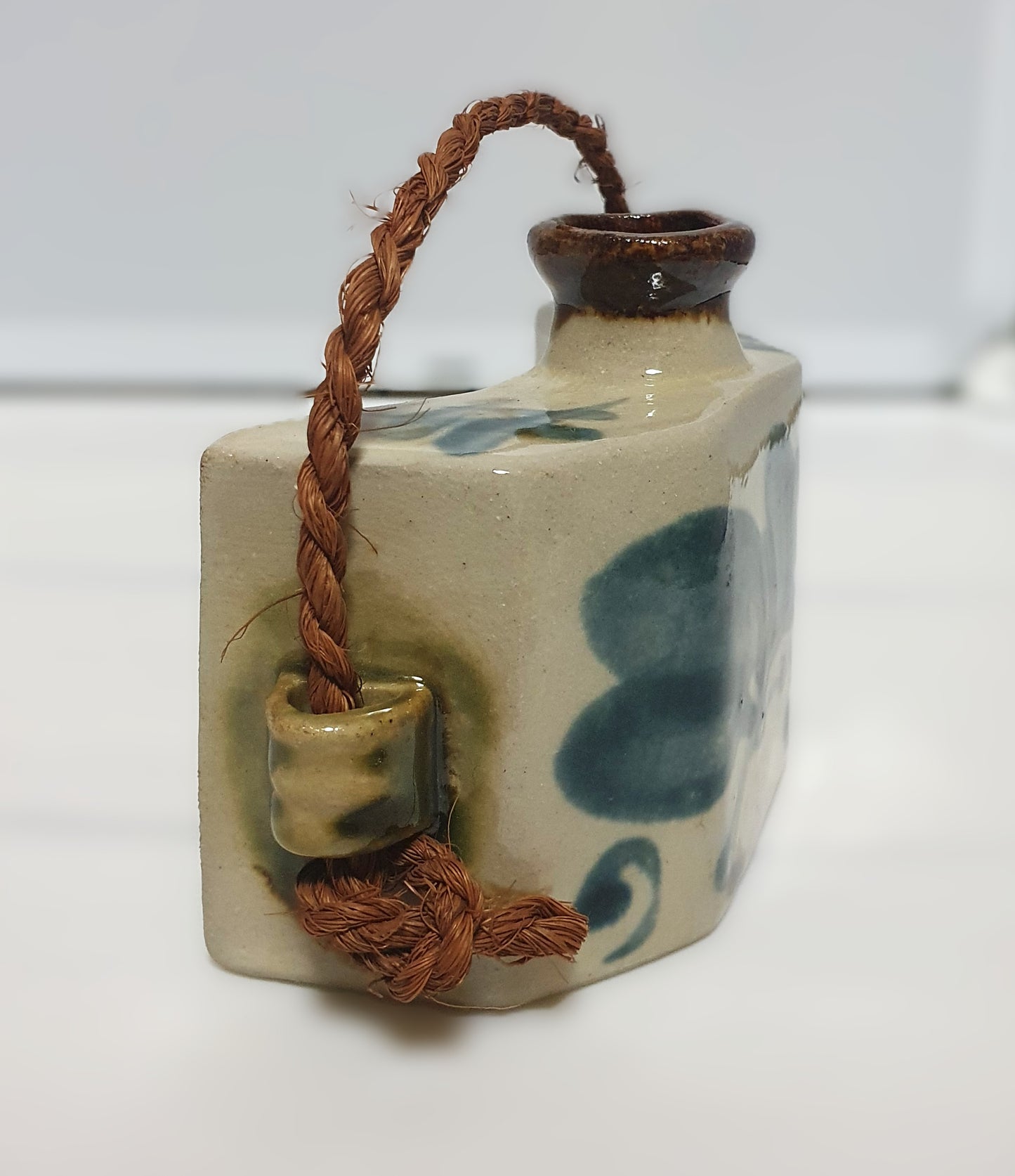 Vintage Japanese Tsuboya ware Dachibin Hip Flask  Okinawa Pottery (Yachimun) Ceramic Sake Bottle