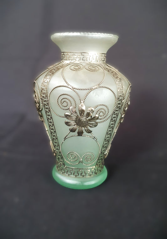 Vintage Art Nouveau style 1940s Cypriot Satin Glass Vase with Silver Filigree Overlay