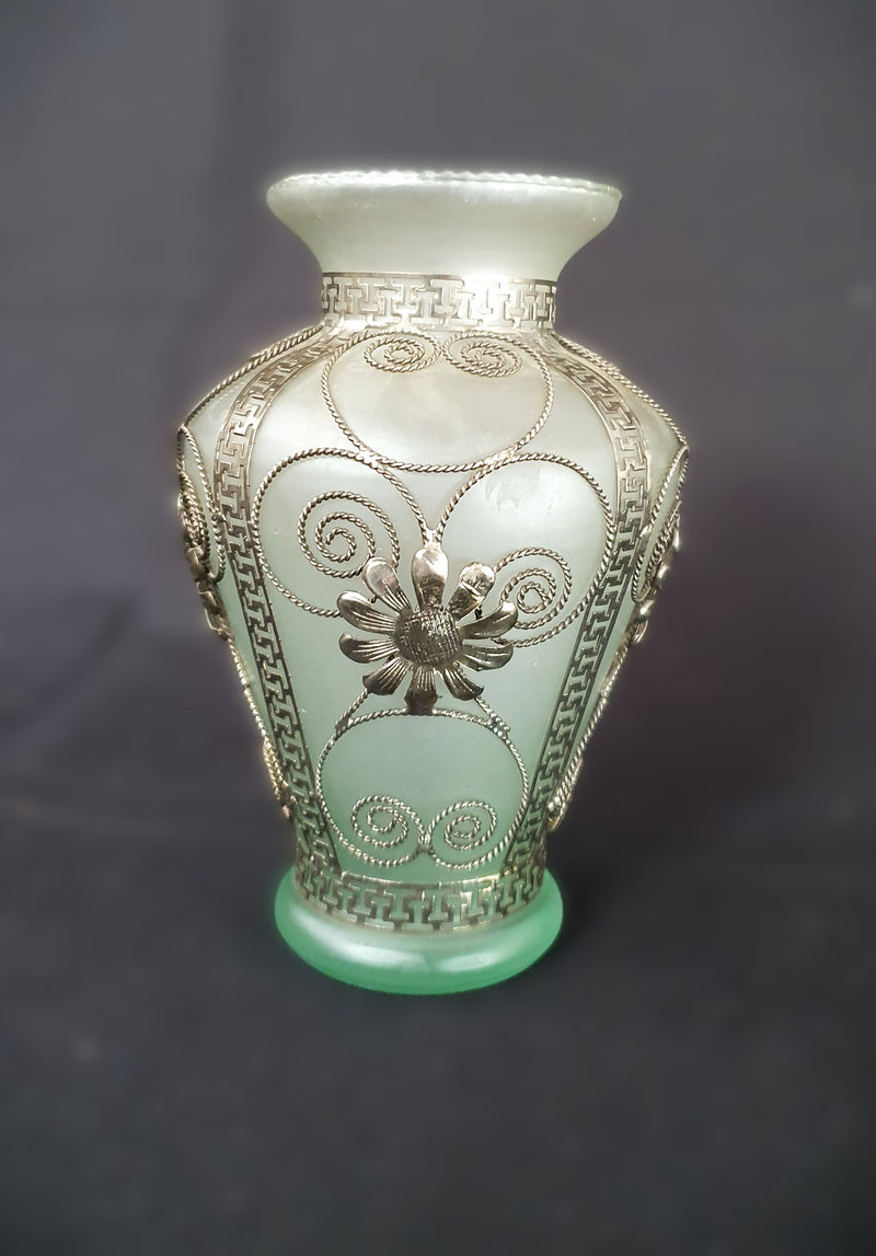 Vintage Art Nouveau style 1940s Cypriot Satin Glass Vase with Silver Filigree Overlay