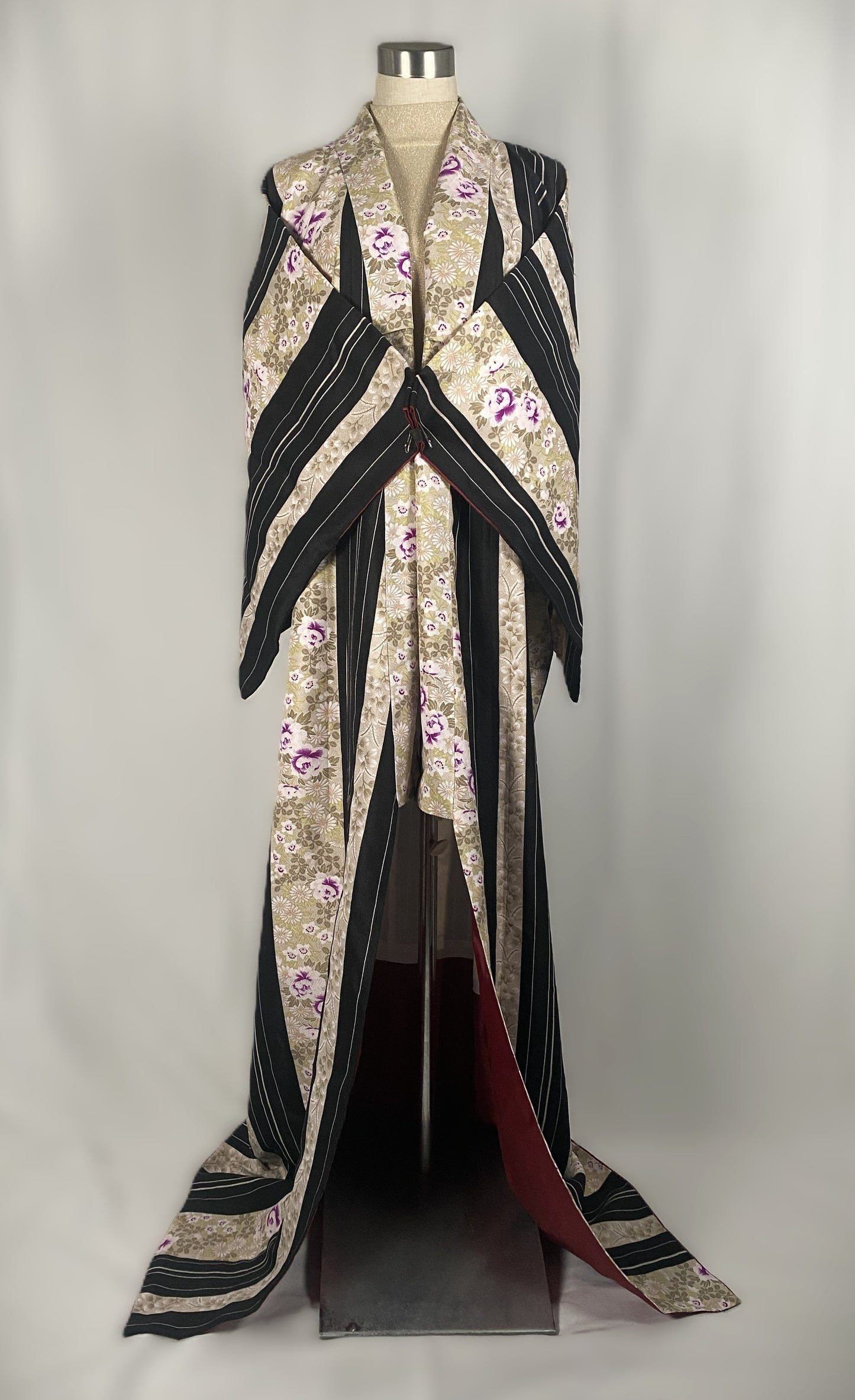 Furisode flower Kimono - Bold Black & White Stripes