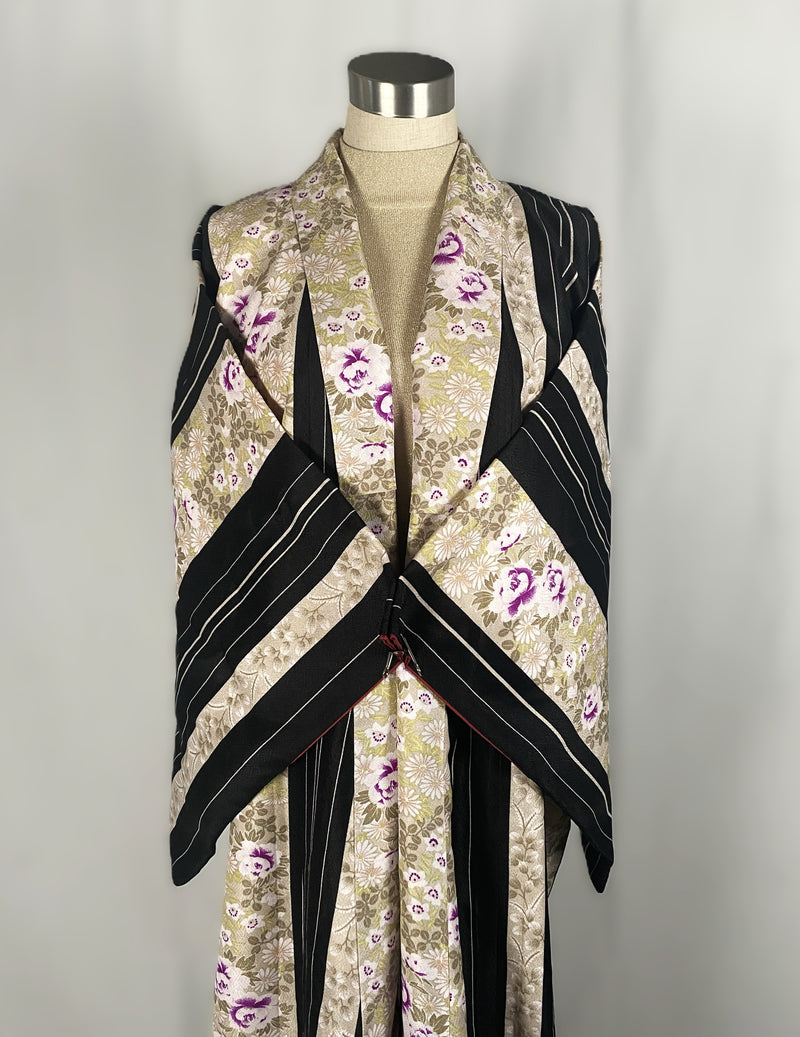 Furisode flower Kimono - Bold Black & White Stripes
