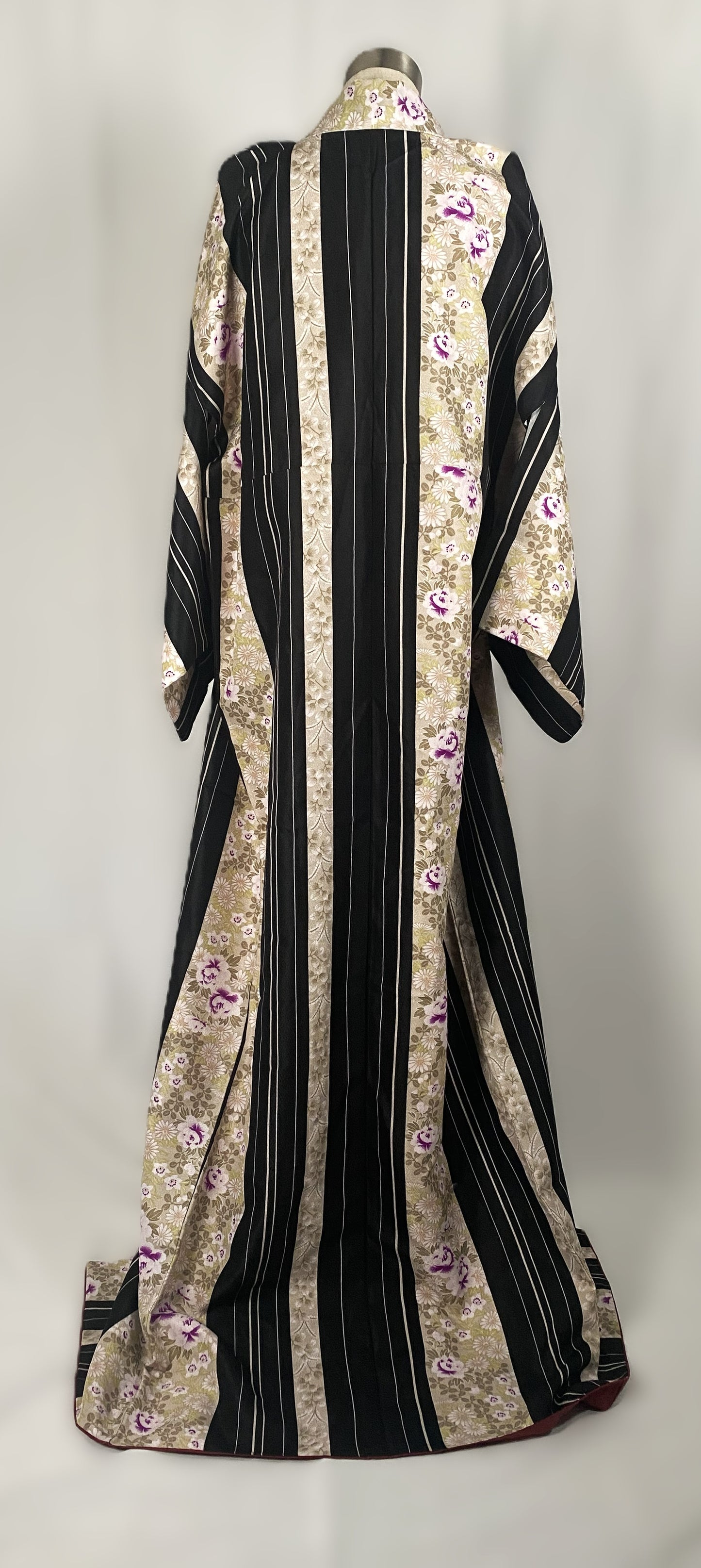 Furisode flower Kimono - Bold Black & White Stripes