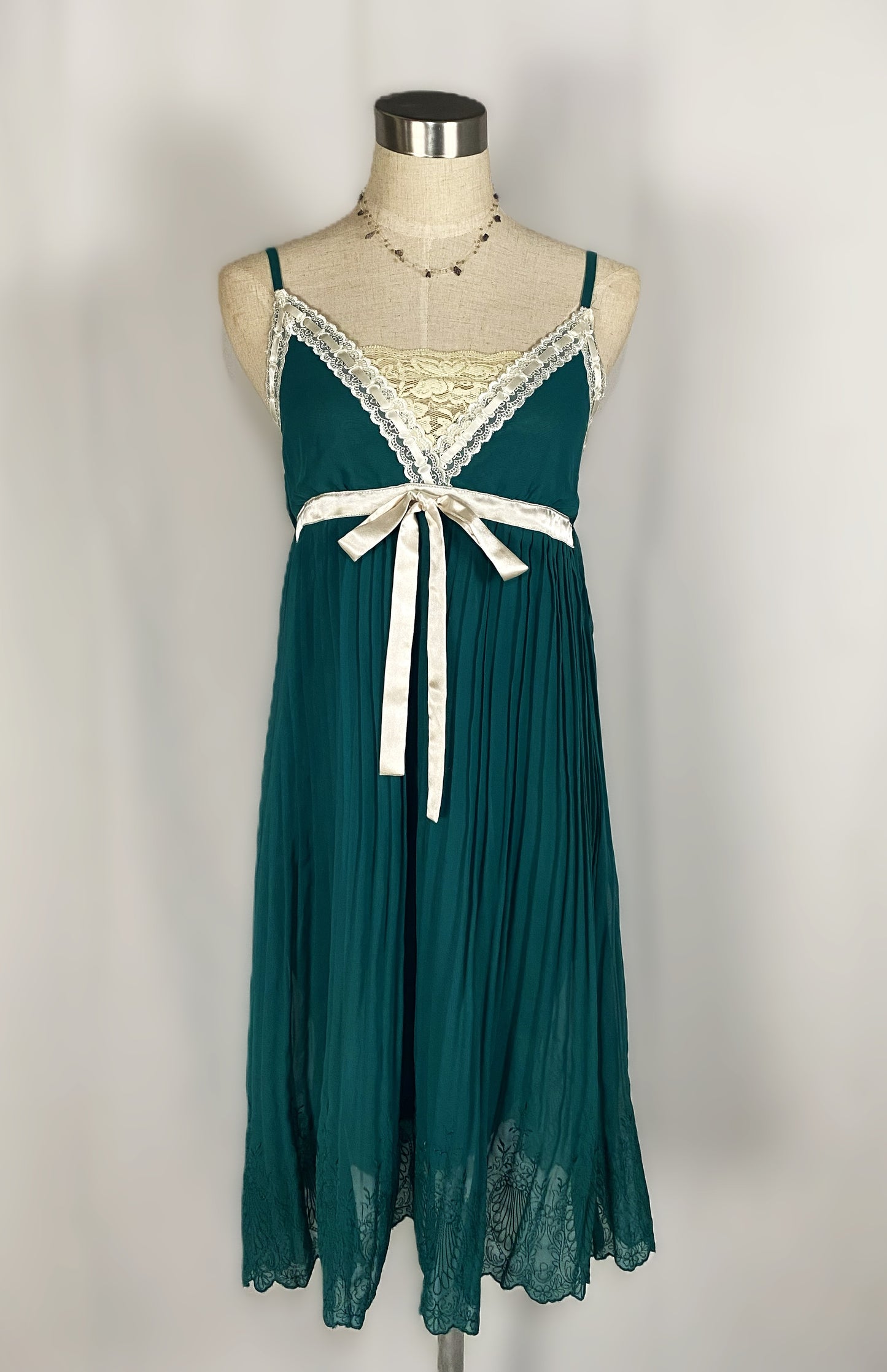 Vintage Y2K Emerald Green Pleated Lace "Coquette" Tunic Dress