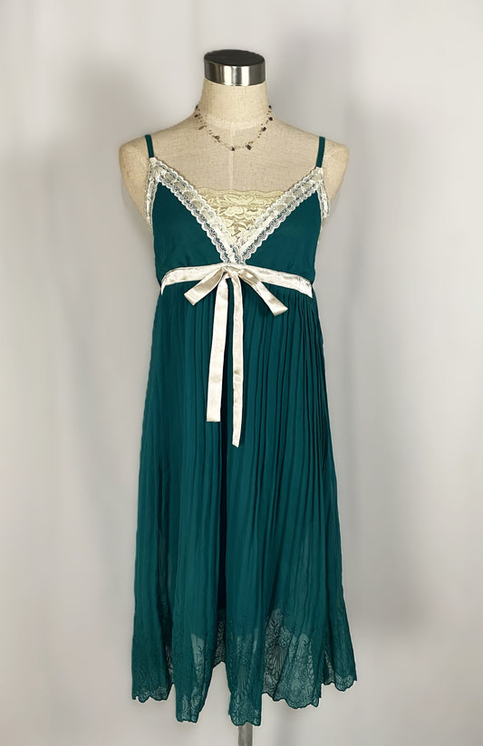 Vintage Y2K Emerald Green Pleated Lace "Coquette" Tunic Dress