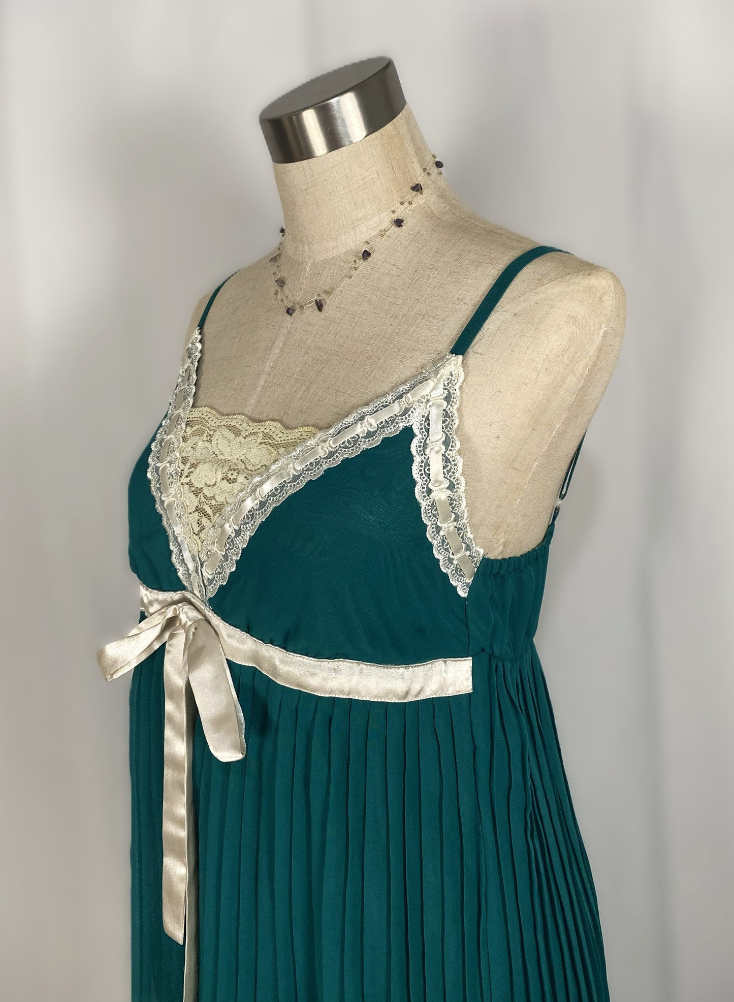 Vintage Y2K Emerald Green Pleated Lace "Coquette" Tunic Dress