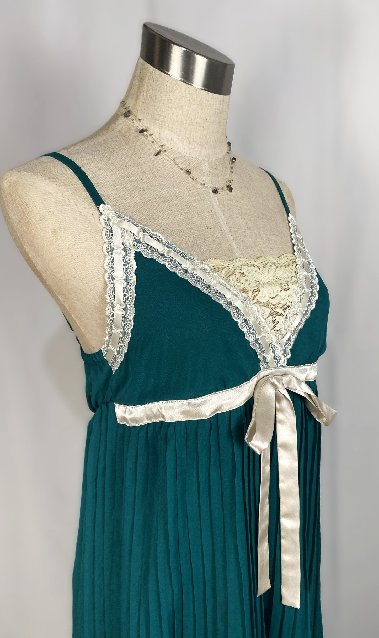 Vintage Y2K Emerald Green Pleated Lace "Coquette" Tunic Dress