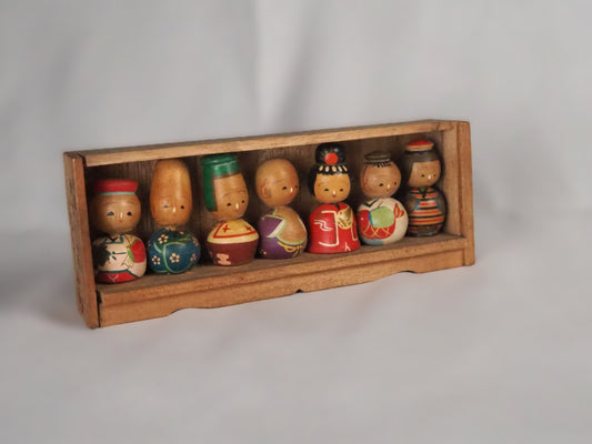 Vintage Beppu Onsen Kokeshi "Nodder" Set - Seven Lucky Gods (Shichifukujin) - Boxed