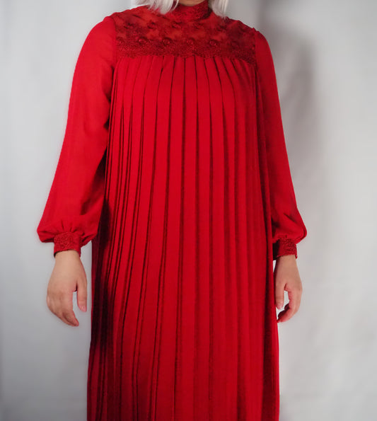 Vintage red Lace-Insert Pleated Midi Dress