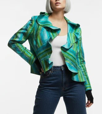 Artistic Vintage Hanai Yukiko Abstract Striped Ruffle Jacket