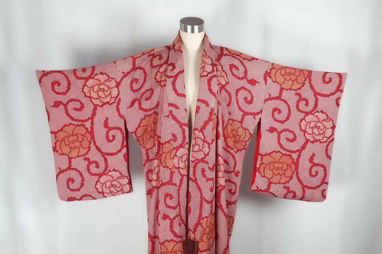 Vintage Hand-Dyed Silk Shibori Haori – Peony & Karakusa Vine