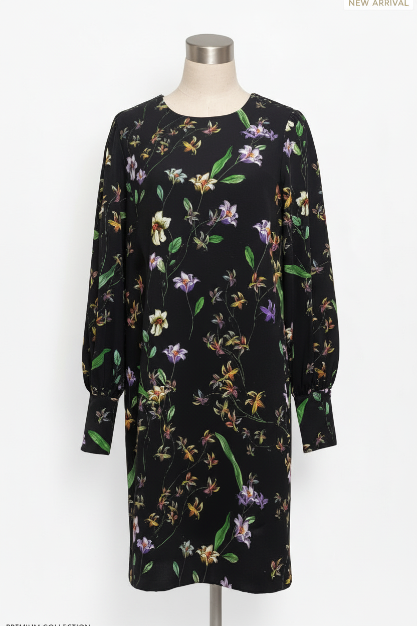 Women's Black Floral Print Long Sleeve Shift Dress