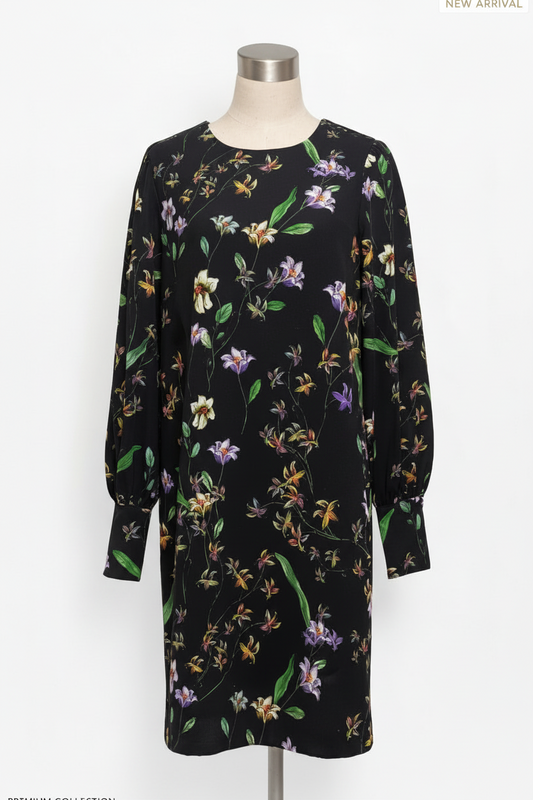 Women's Black Floral Print Long Sleeve Shift Dress