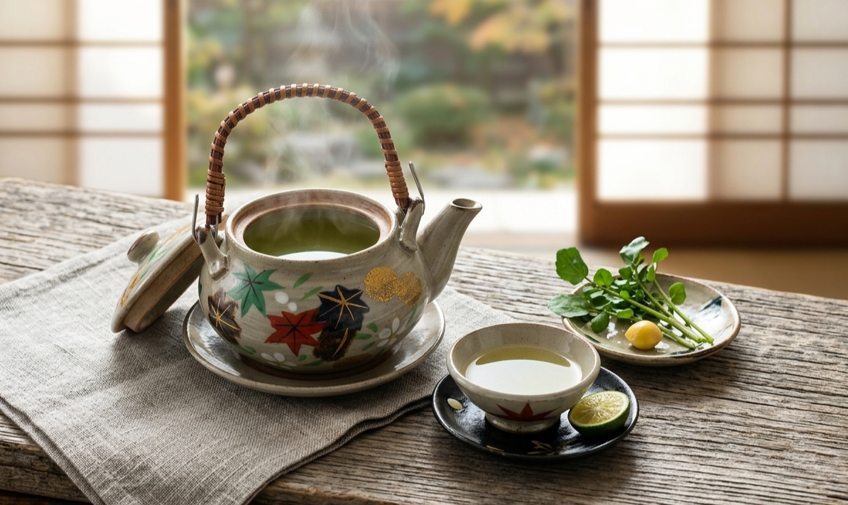 Vintage Japanese Dobinmushi Set with Hand painted maple leaf design