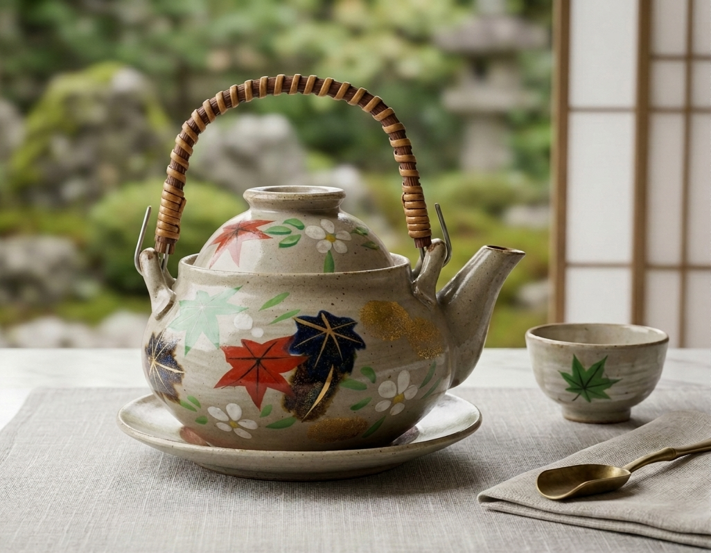 Vintage Japanese Dobinmushi Set with Hand painted maple leaf design